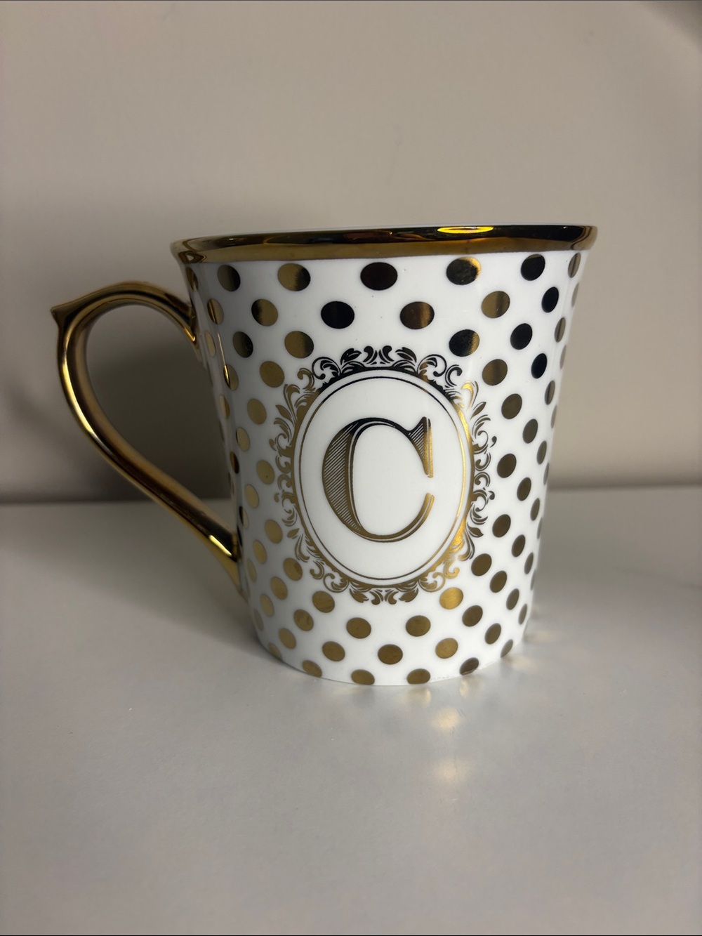 White and Gold Polka Dot Monogram Mug - Letter C